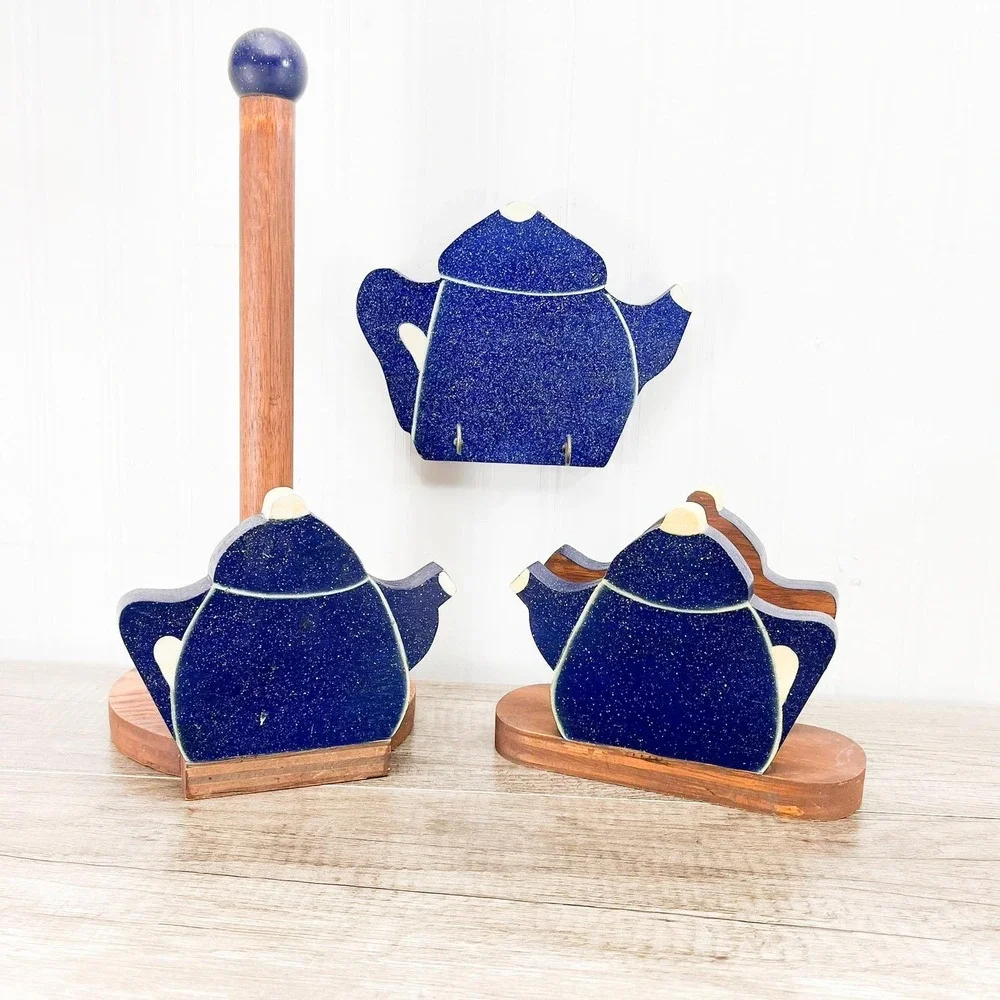 Blue Teapot Kitchen Decor Set:‎ Paper Towel & Napkin Holder, Oven Mitt Hook
